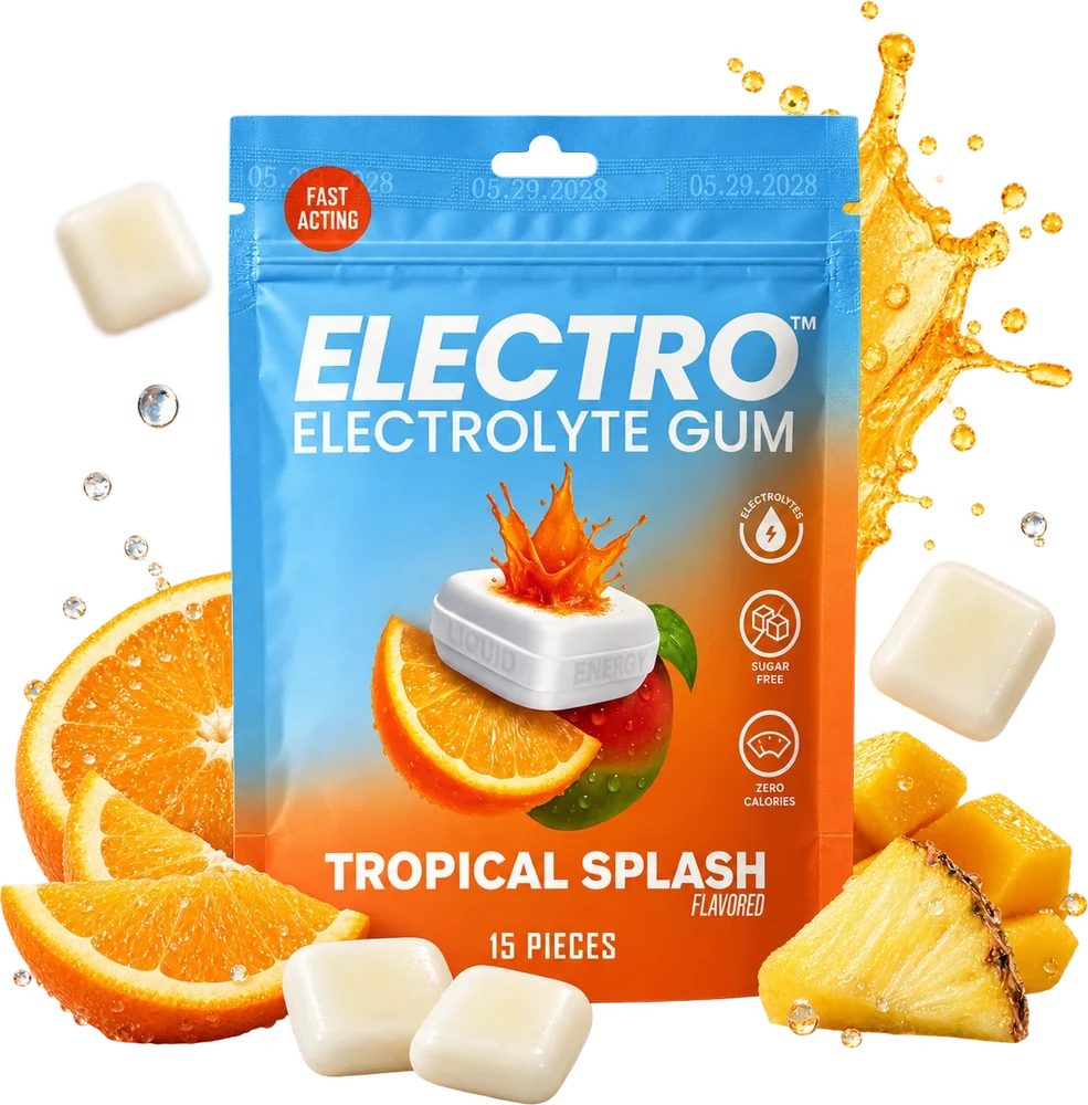 Electro electrolyte gum, Tropical Splash, with gum pieces, orange, mango and pineapple