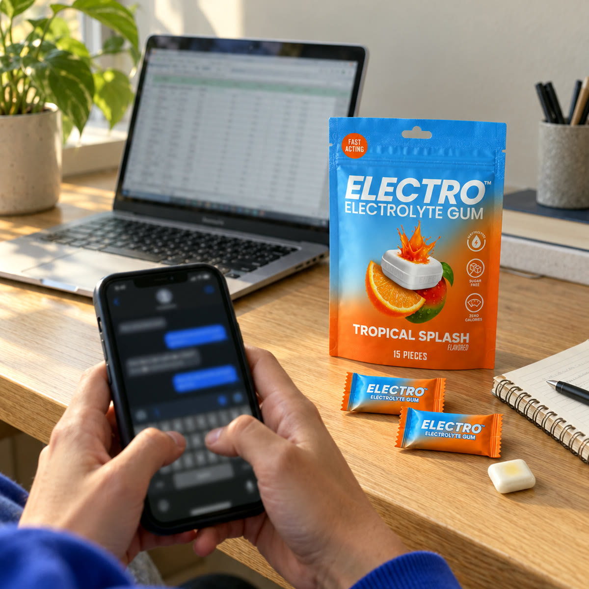 Intern texting on a phone at a desk with a laptop and an Electro pouch